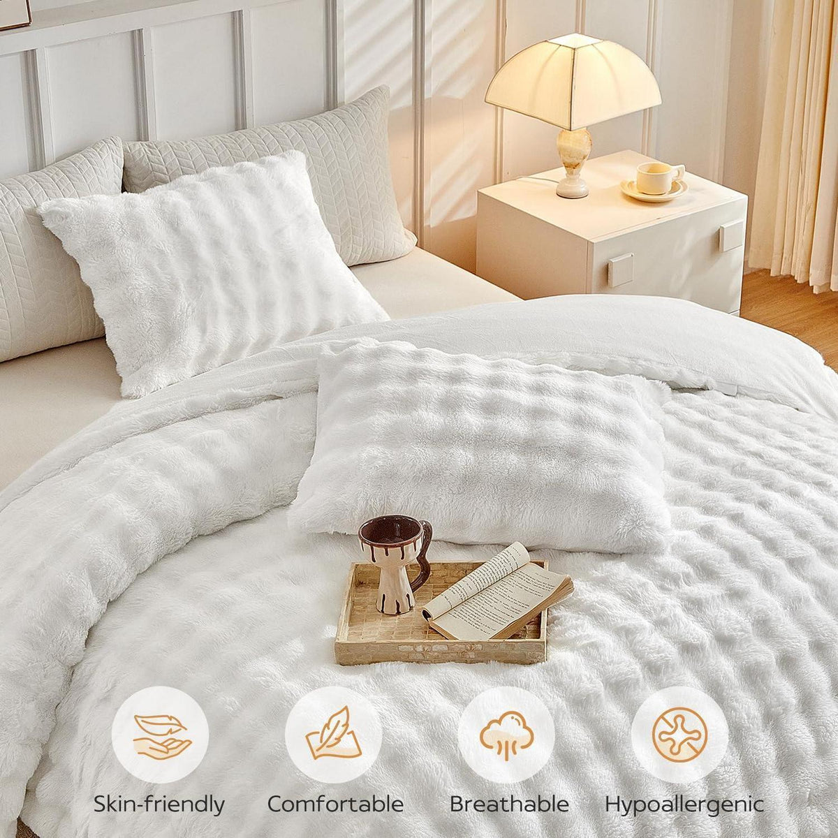 Flauschiges Bettwäsche-Set Doppelbett, Weiß, Kunstfell