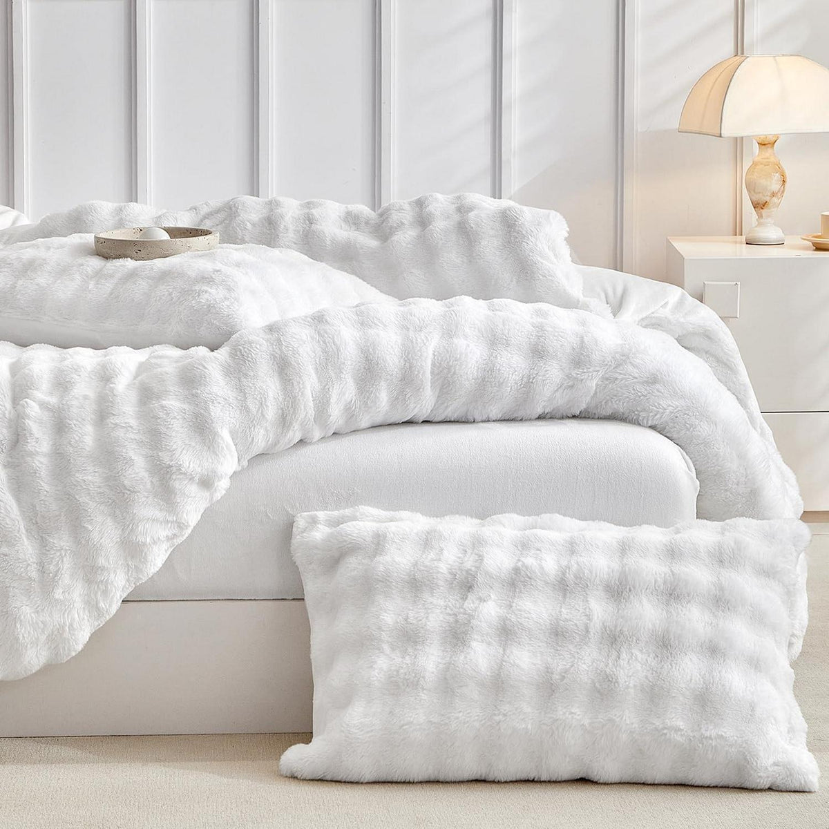Flauschiges Bettwäsche-Set Doppelbett, Weiß, Kunstfell