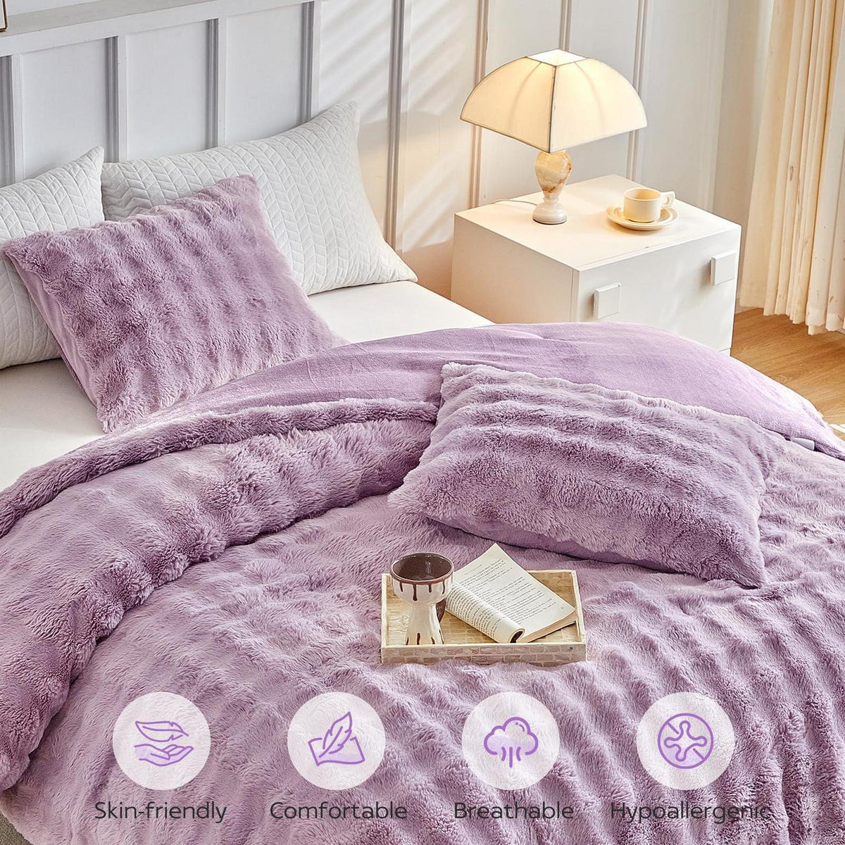 Flauschiges King-Size Bettwäsche-Set Violett, Zottel Kunstfell