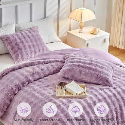 Flauschiges King-Size Bettwäsche-Set Violett, Zottel Kunstfell