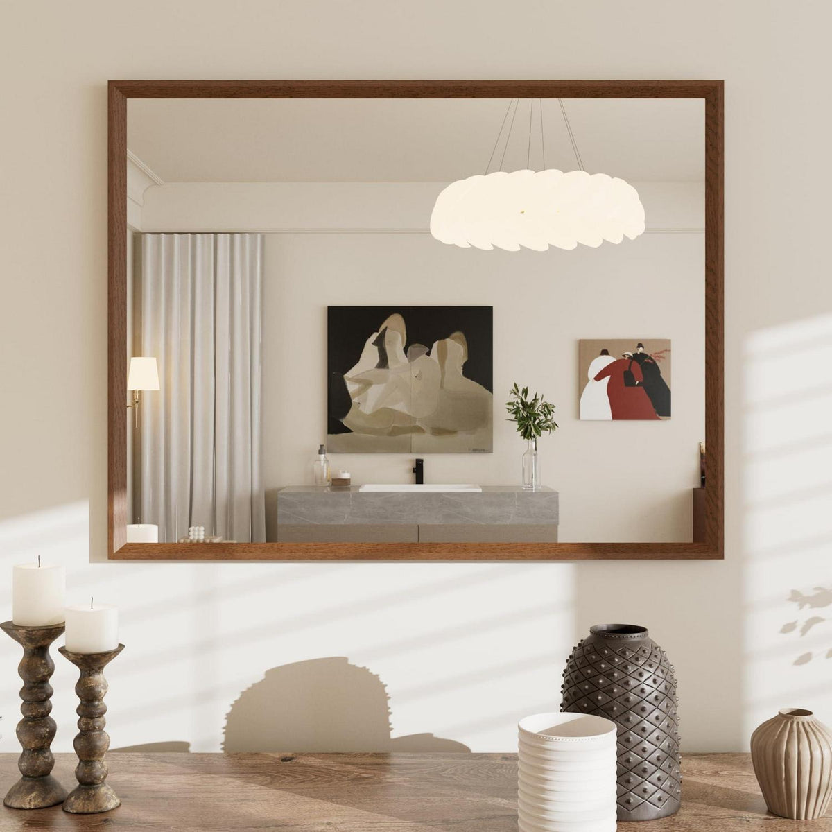 Badezimmerspiegel 70x90cm Braun Holzoptik | Sicherheitsglas & Montagezubehör