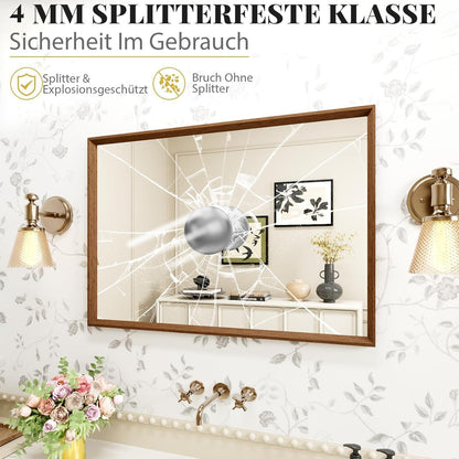 Badezimmerspiegel 70x90cm Braun Holzoptik | Sicherheitsglas & Montagezubehör