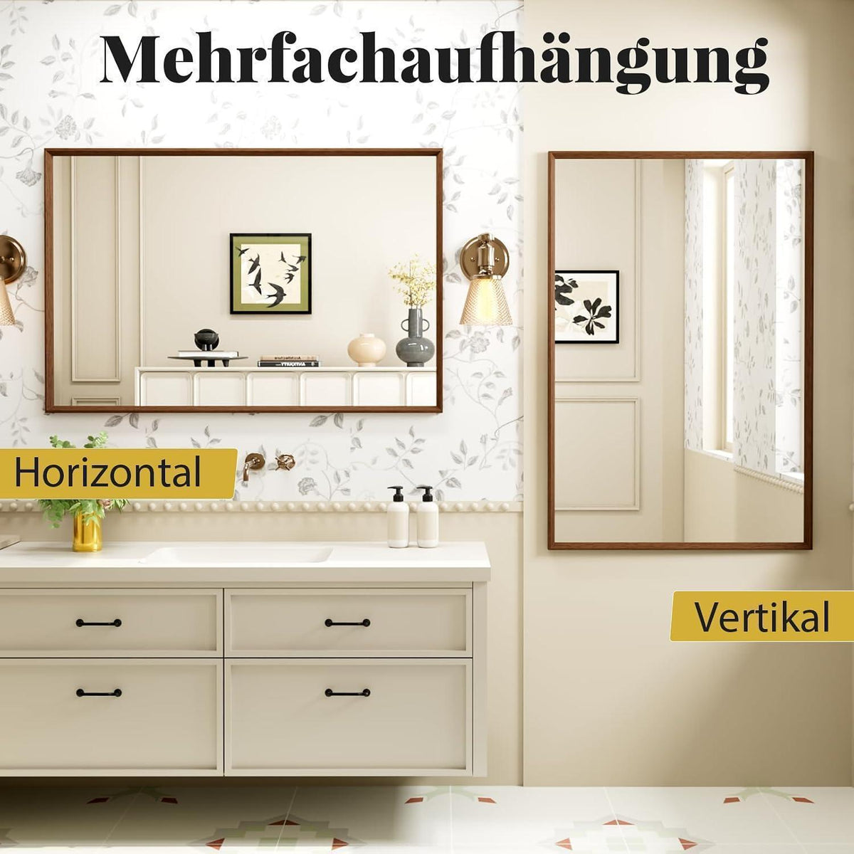 Badezimmerspiegel 70x90cm Braun Holzoptik | Sicherheitsglas & Montagezubehör