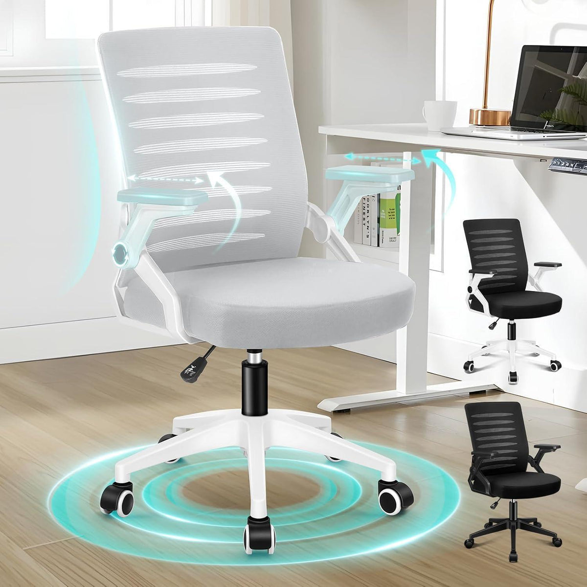 Ergonomischer Bürostuhl mit Lendenstütze, hochklappbare Armlehnen, 180kg, Weiß & Grau