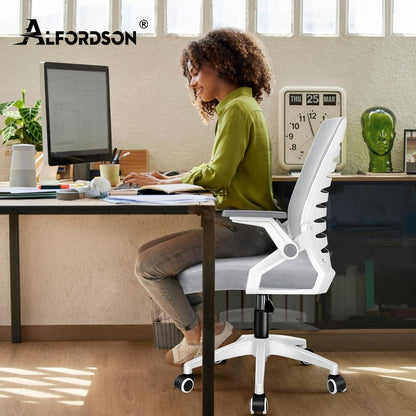 Ergonomischer Bürostuhl mit Lendenstütze, hochklappbare Armlehnen, 180kg, Weiß & Grau