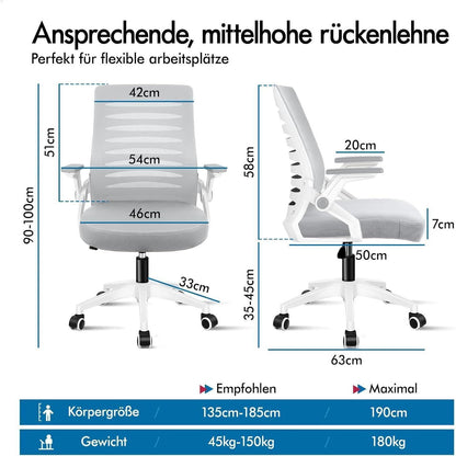 Ergonomischer Bürostuhl mit Lendenstütze, hochklappbare Armlehnen, 180kg, Weiß & Grau