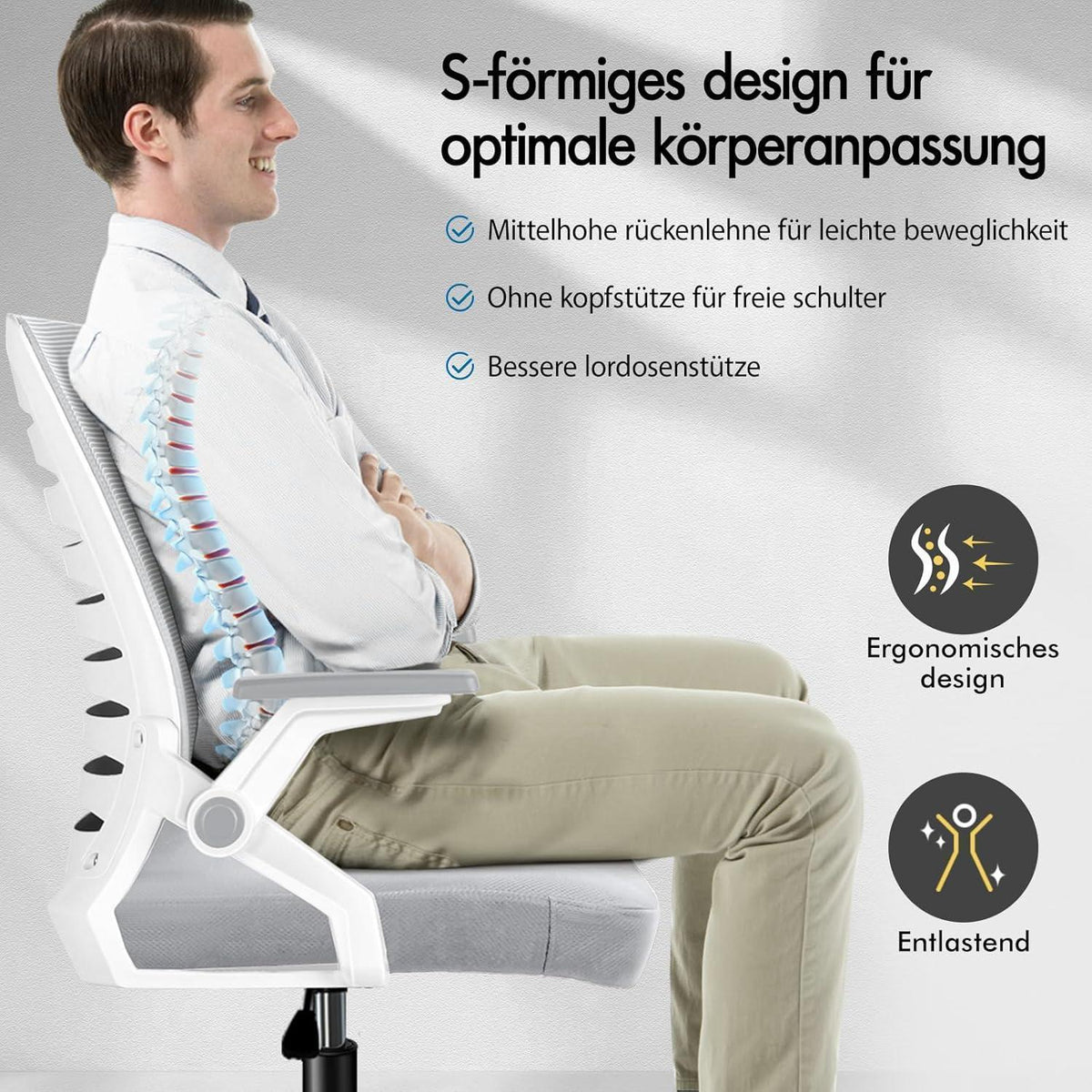 Ergonomischer Bürostuhl mit Lendenstütze, hochklappbare Armlehnen, 180kg, Weiß & Grau
