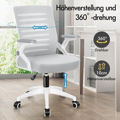 Ergonomischer Bürostuhl mit Lendenstütze, hochklappbare Armlehnen, 180kg, Weiß & Grau