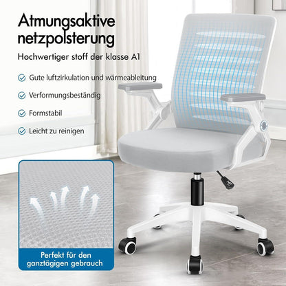 Ergonomischer Bürostuhl mit Lendenstütze, hochklappbare Armlehnen, 180kg, Weiß & Grau
