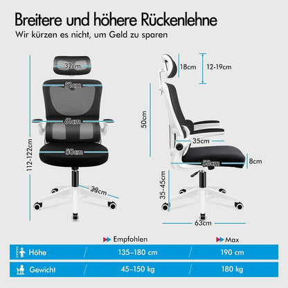 Ergonomischer Bürostuhl mit Lendenstütze, Schwarz Weiß