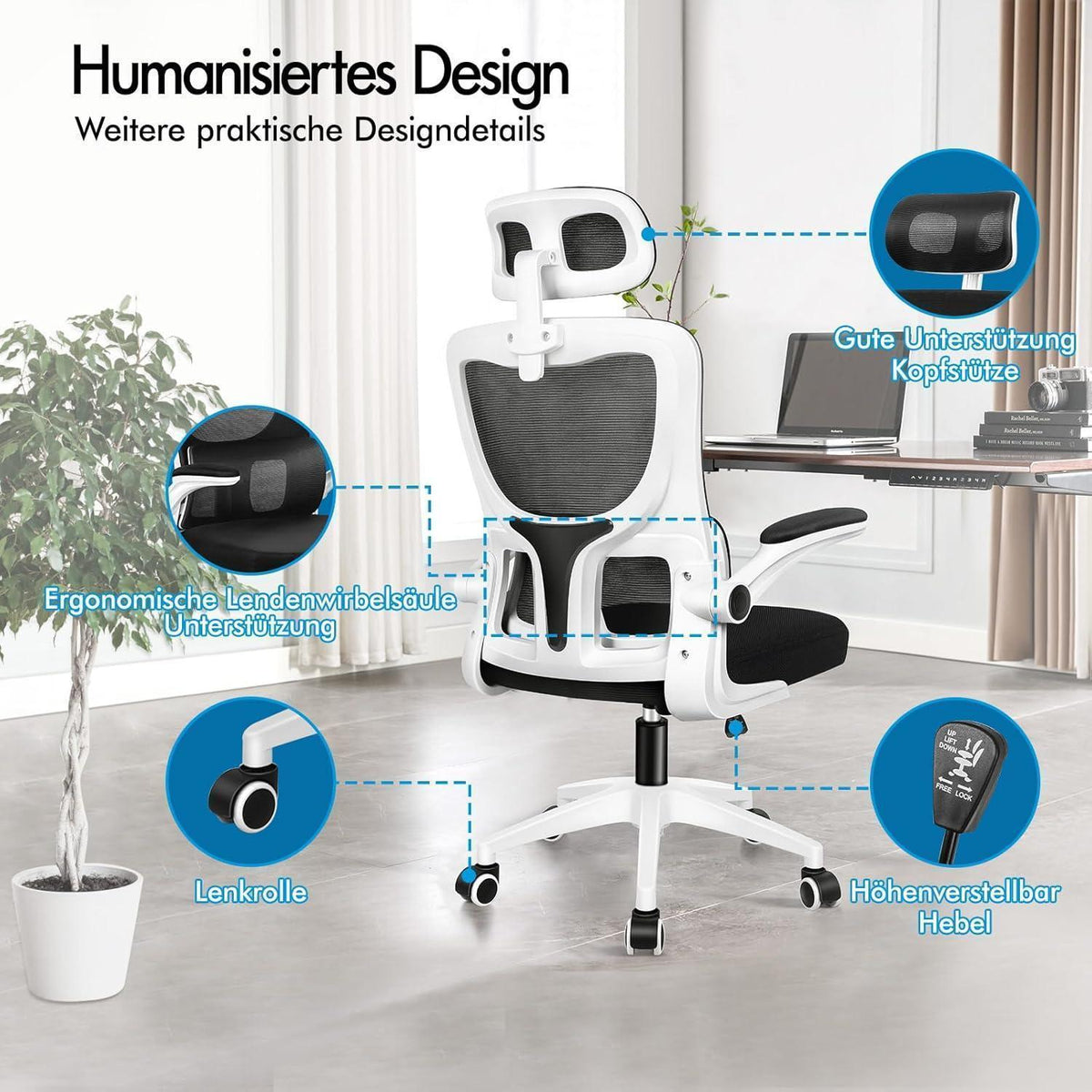 Ergonomischer Bürostuhl mit Lendenstütze, Schwarz Weiß