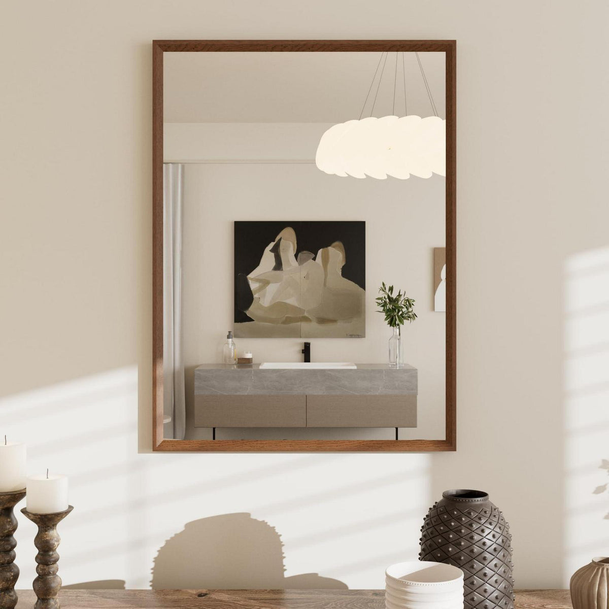 Badezimmerspiegel 56x76cm Braun Holzoptik | Sicherheitsglas & Montagezubehör