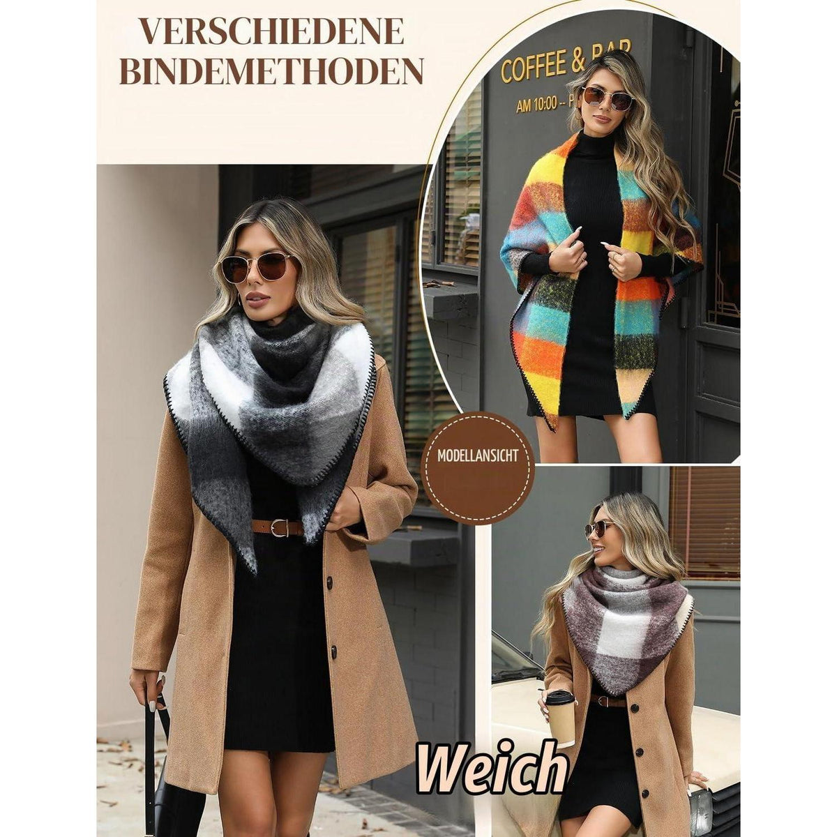 Winter Dreieckstuch Damen Tartan Schwarz-Weiß Schal Wrap