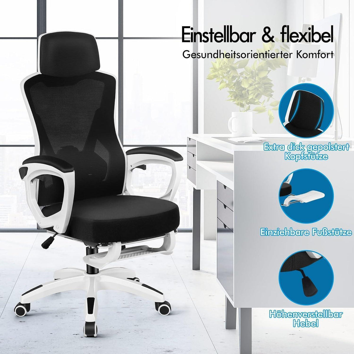 Ergonomischer Schreibtischstuhl mit Lendenstütze, Schwarz Weiß