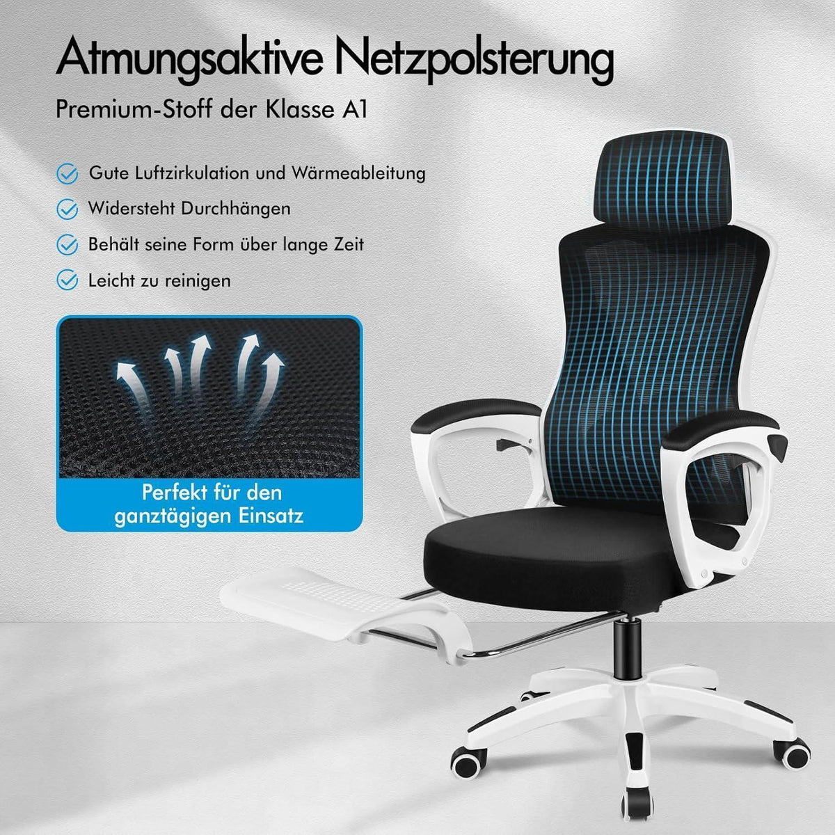 Ergonomischer Schreibtischstuhl mit Lendenstütze, Schwarz Weiß