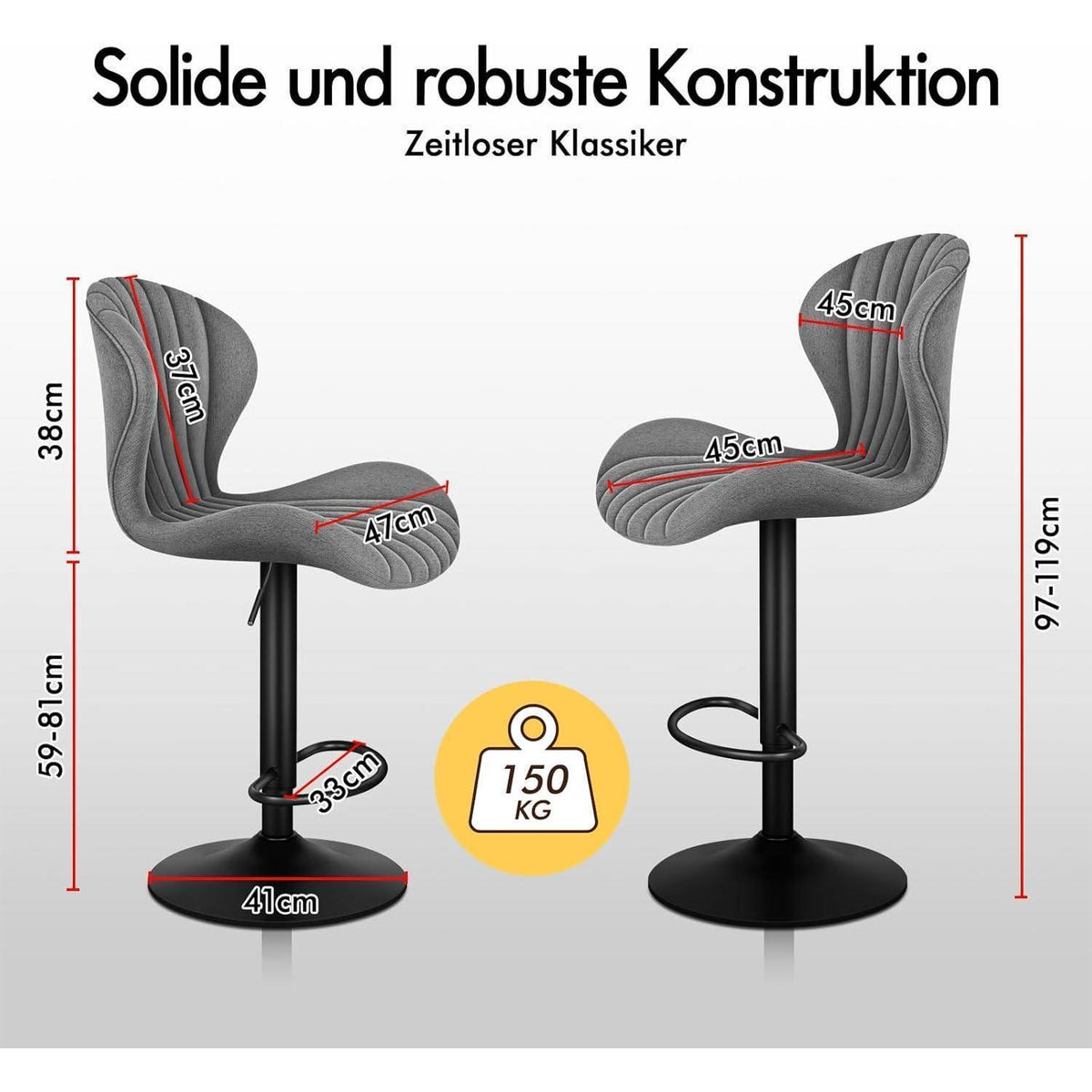 Barhocker Set 2er – Höhenverstellbar, Grau Leinen