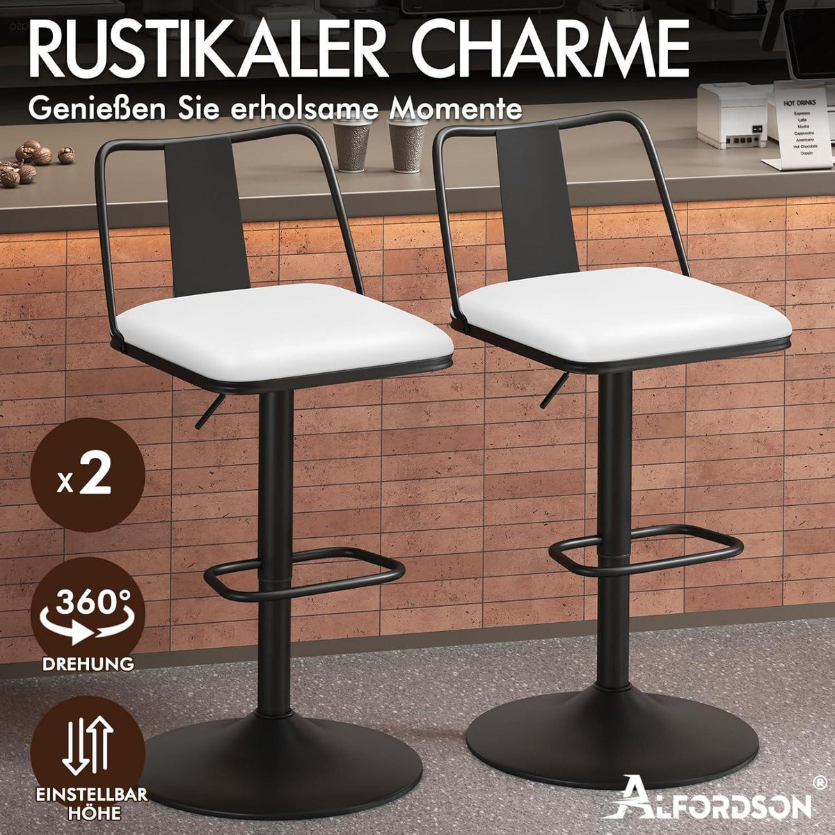 Verstellbarer Barhocker Set (2x) – Weiß, Komfort & Drehfunktion