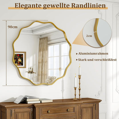 Runder Wandspiegel 90cm mit Goldrahmen & Wellenkante