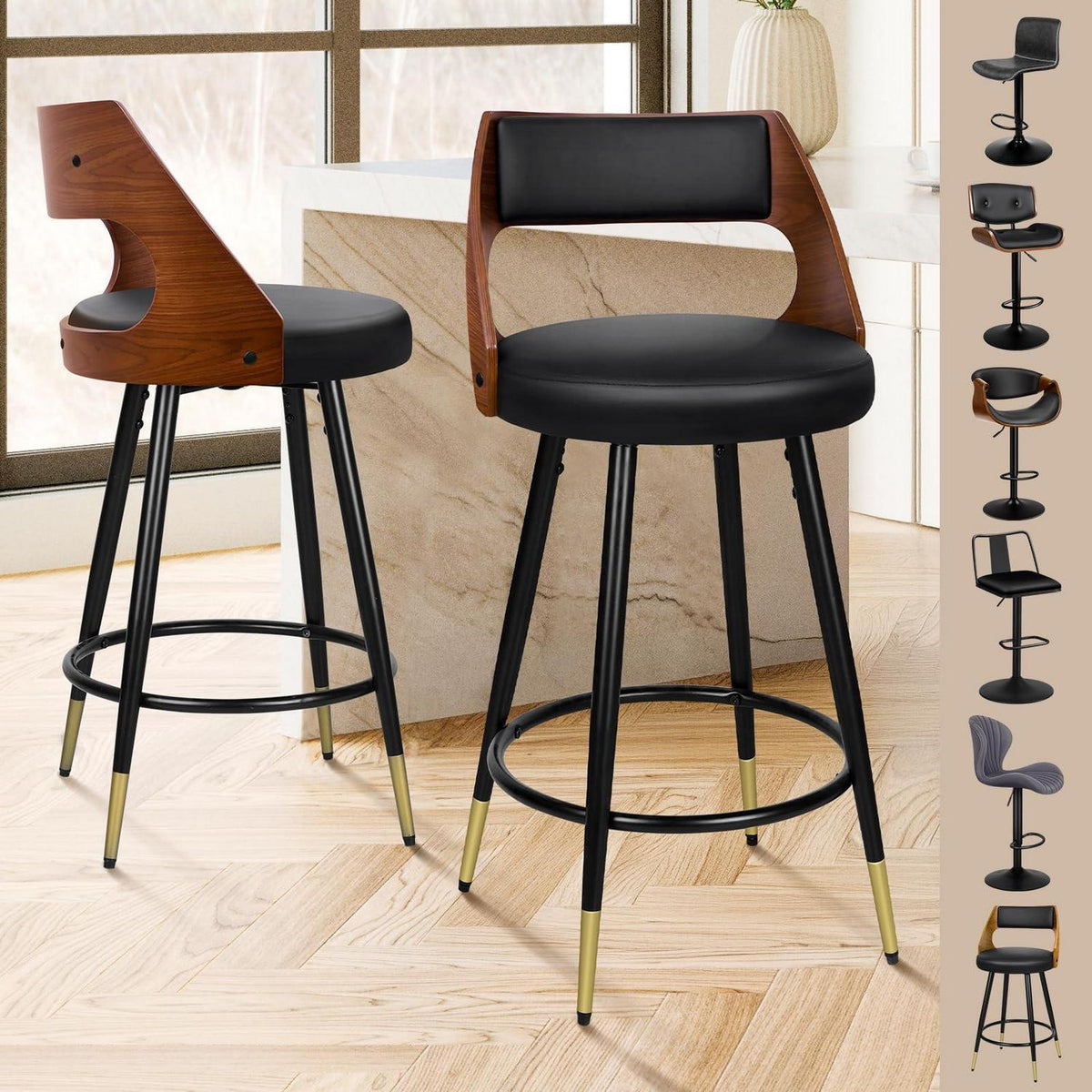 Barhocker Set 2x, Schwenkbar, 65cm Sitzhöhe, Schwarz