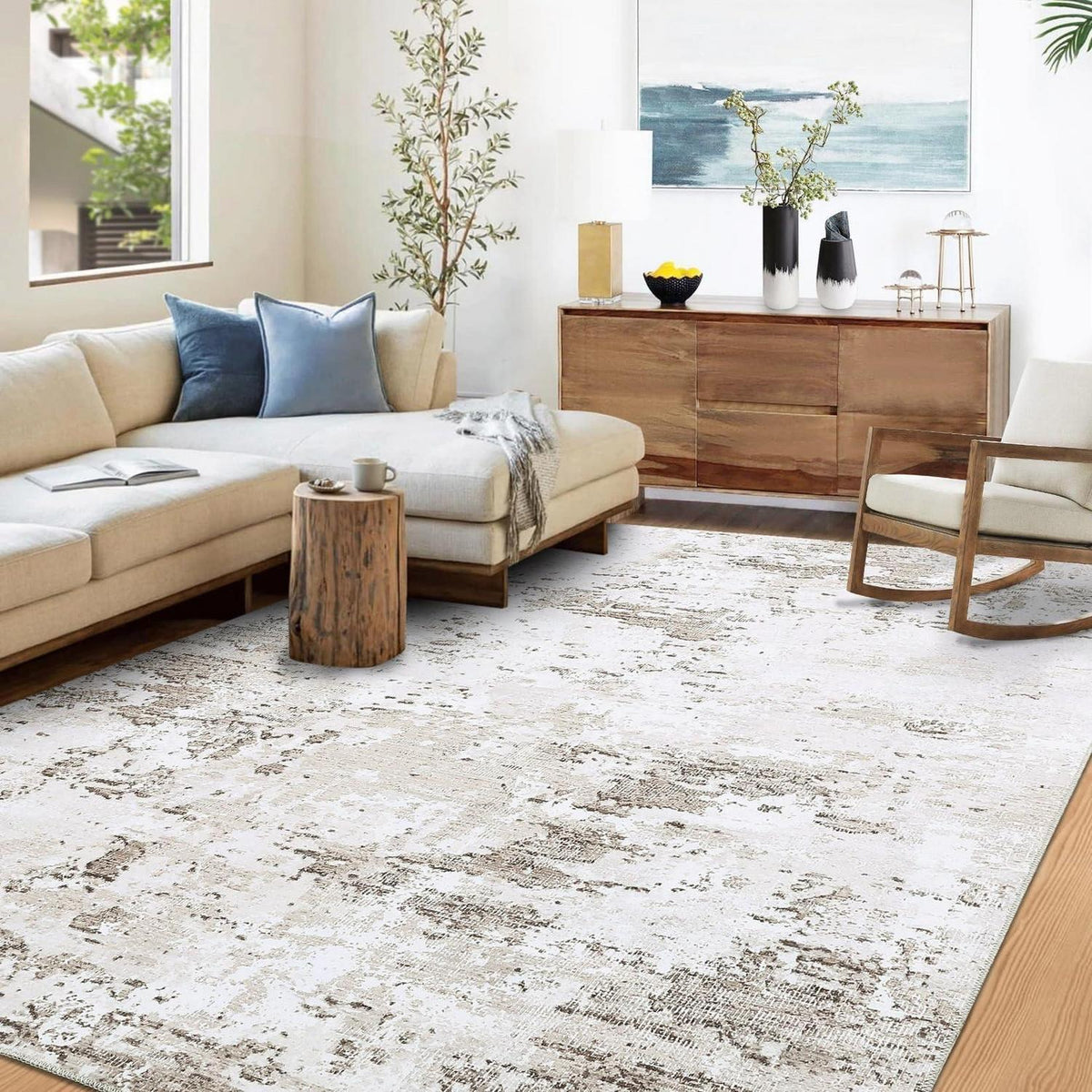 Abstrakter Teppich 200x290 cm – Beige Kurzflor, Waschbar & Rutschfest