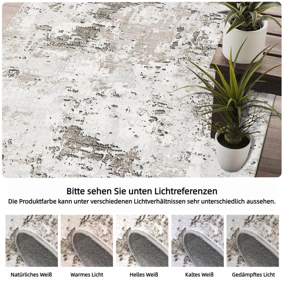 Abstrakter Teppich 200x290 cm – Beige Kurzflor, Waschbar & Rutschfest
