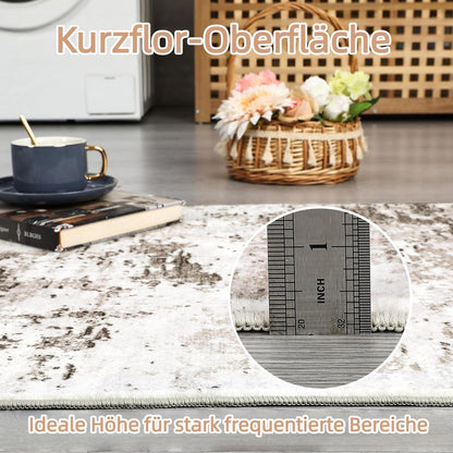 Abstrakter Teppich 200x290 cm – Beige Kurzflor, Waschbar & Rutschfest