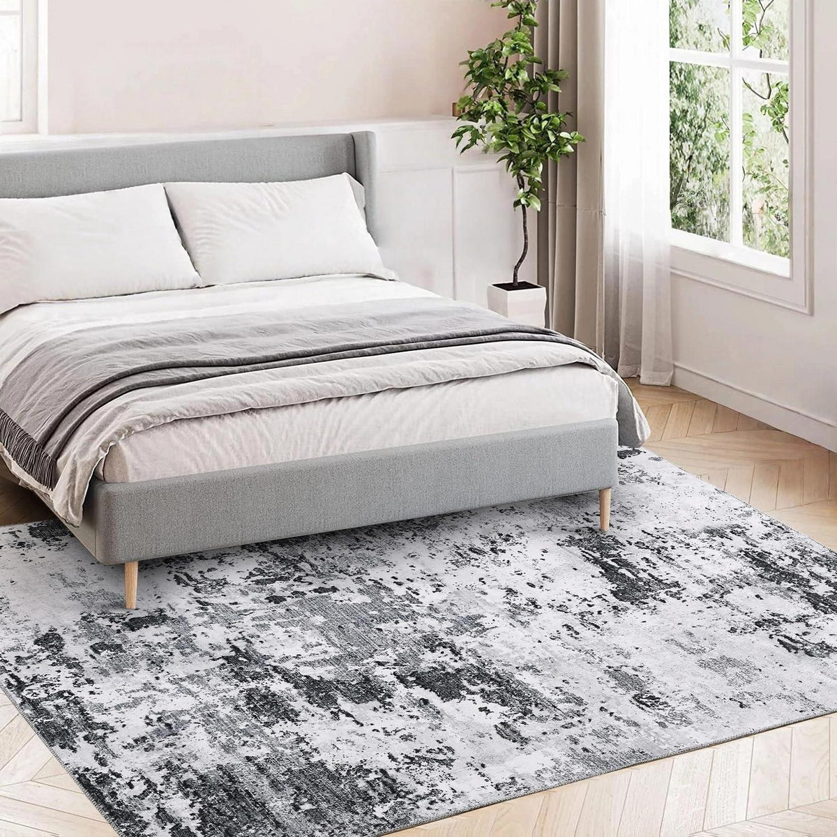 Abstrakter Teppich Grau Weiß 200x290cm – Waschbar & Rutschfest