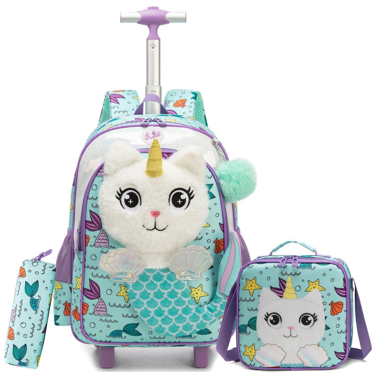 Schulranzen mit Rollen für Mädchen – 3-teiliges Set mit Snackbeutel