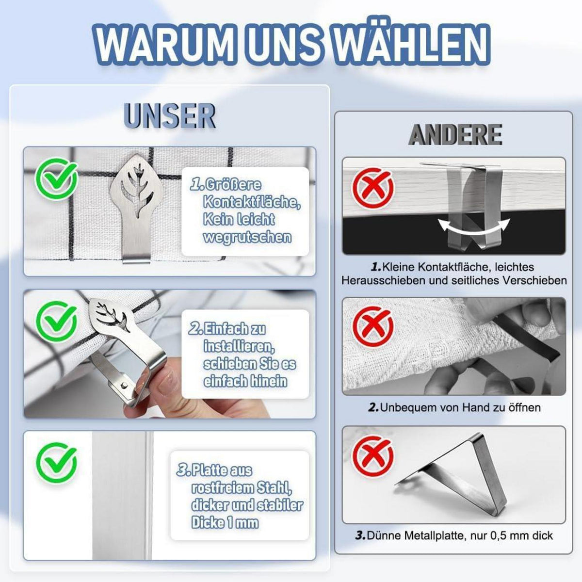 Tischdeckenklammern Edelstahl Blattmuster 8 Stück für Outdoor & Indoor