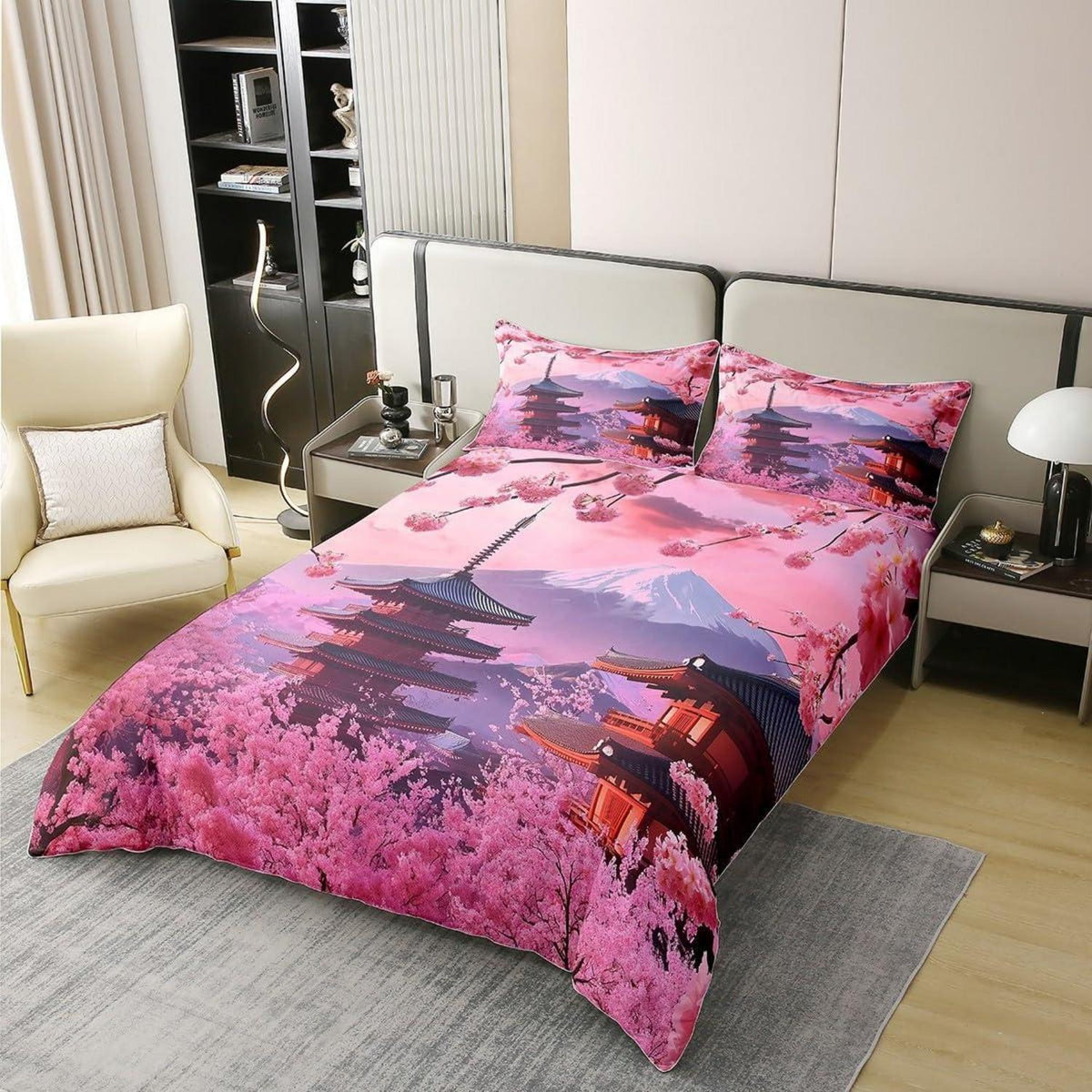 100% Baumwoll Bettbezug Set Japanischer Stil Kirschblüten Rosa