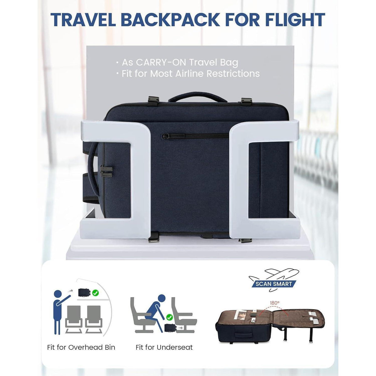 45L Handgepäck Rucksack für Flugreisen, 18 Zoll Laptop, Dunkelblau
