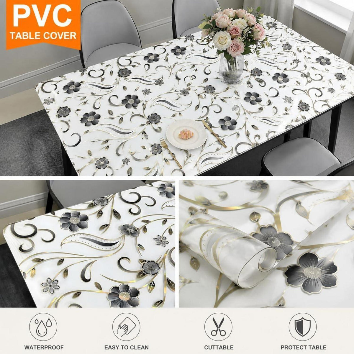 Tischfolie Transparent Blumenmuster 100x180 cm – Rutschfest & Kratzfest