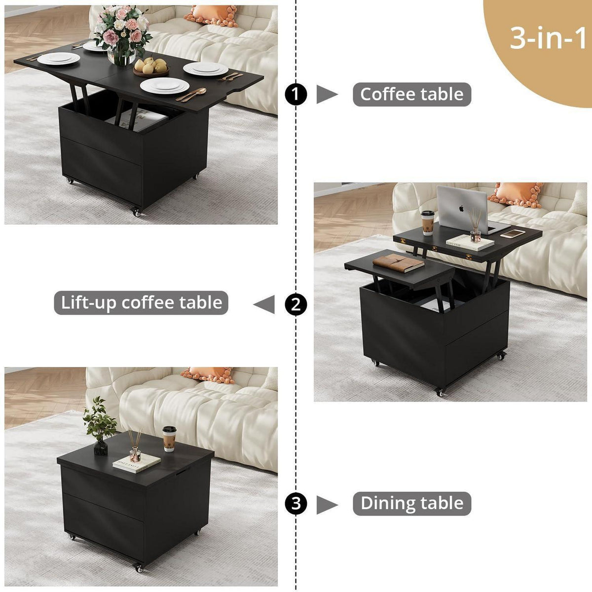 Höhenverstellbarer Couchtisch 120x60cm – Schwarz & Multifunktional