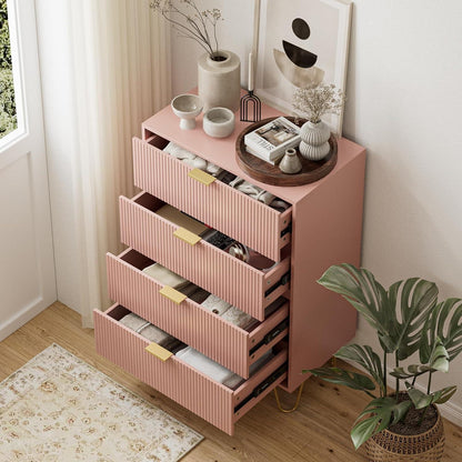 Rosa Kommode mit 4 Schubladen & Goldbeinen – Boho Beistellschrank