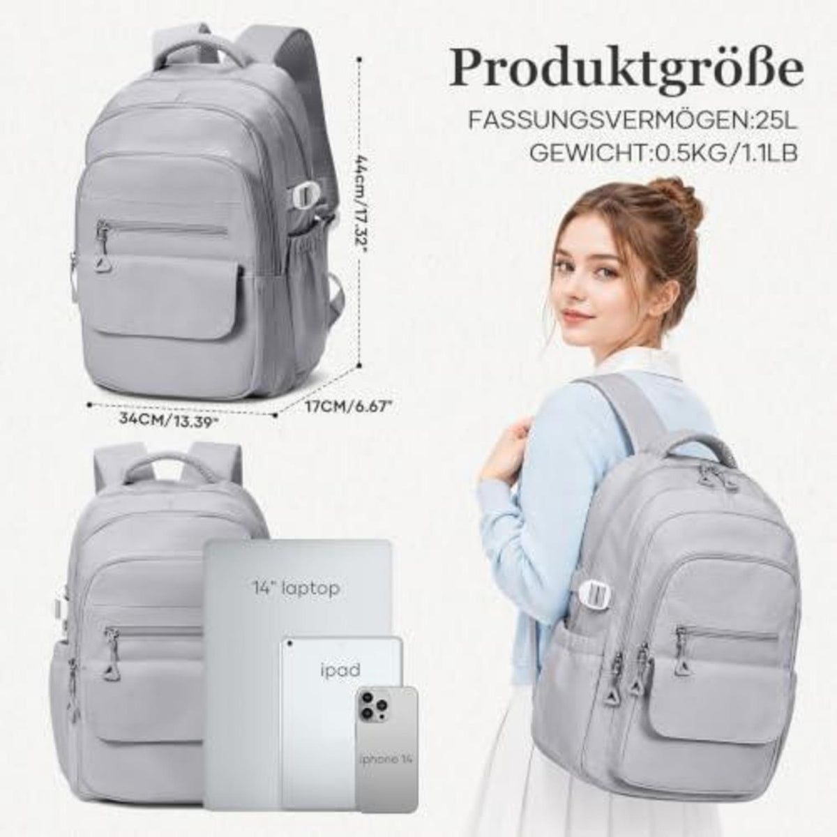 Schulrucksack Groß Grau mit Laptopfach – Wasserfester Tagesrucksack