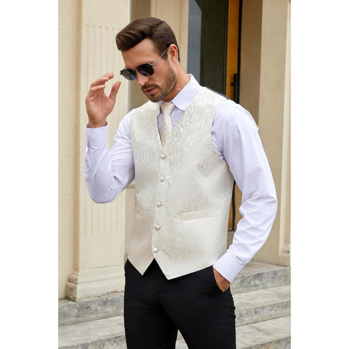 Herren Weste Krawatte Einstecktuch Set Beige Paisley Seide