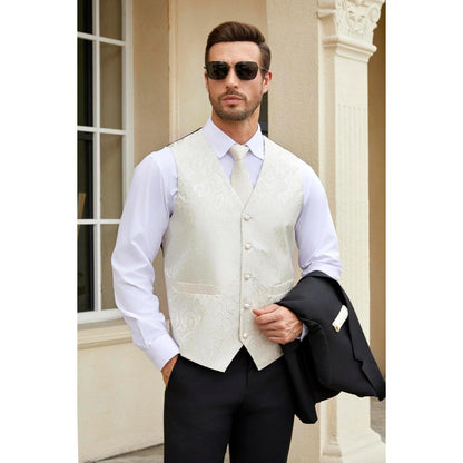 Herren Weste Krawatte Einstecktuch Set Beige Paisley Seide