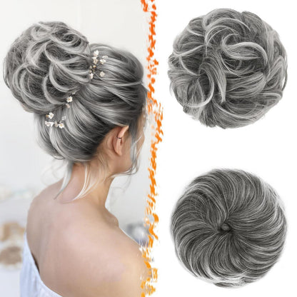 2x Messy Bun Haarteil – Dunkel Grau & Weiße Tipps