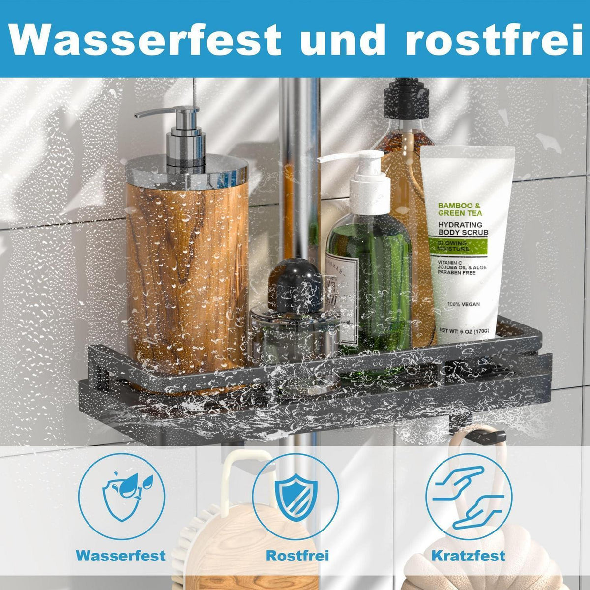 Duschablage ohne Bohren für Duschstange – Grau (18-25mm)