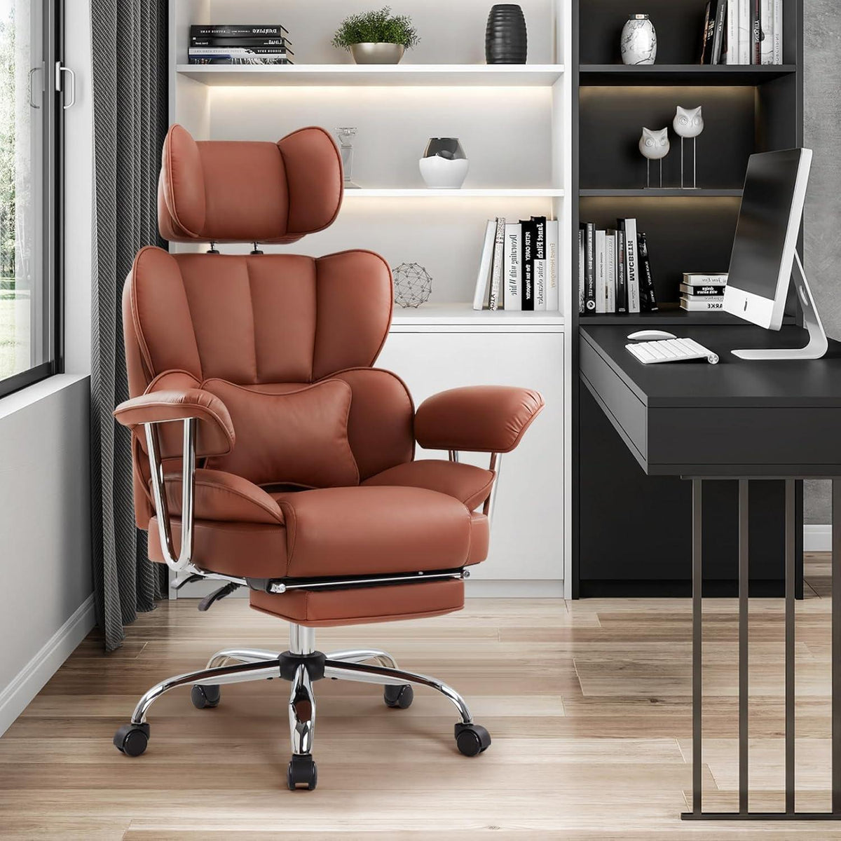 Ergonomischer Bürostuhl mit Fußstütze & Lendenwirbelstütze (Braun)
