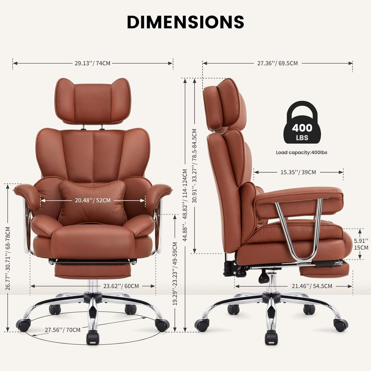 Ergonomischer Bürostuhl mit Fußstütze & Lendenwirbelstütze (Braun)