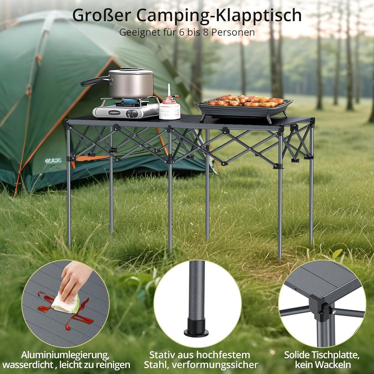 Rolltisch Campingtisch 122x60cm X-Frame 120kg Tragkraft mit Netzkorb