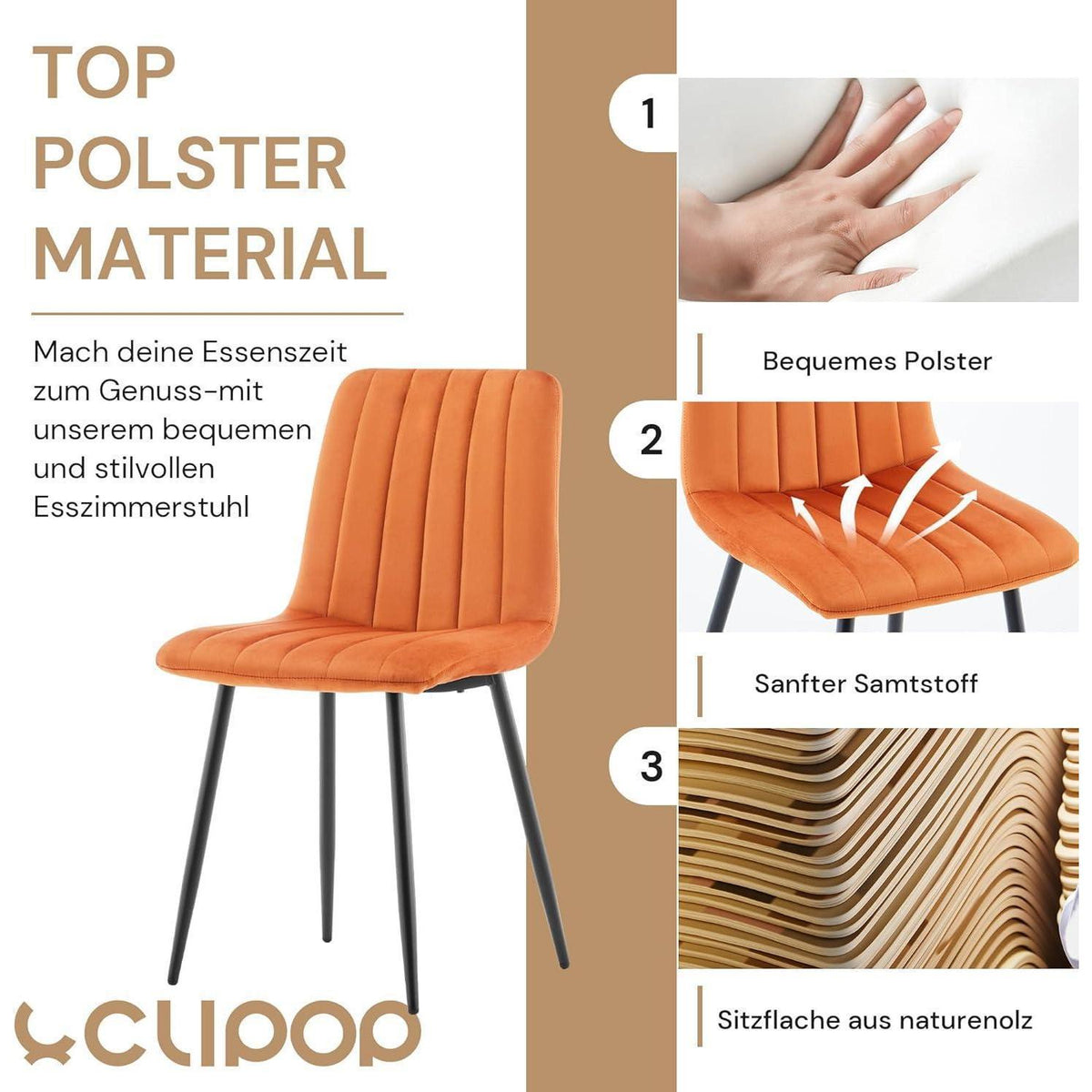 Samt Esszimmerstühle 2er Set – Gepolstert, Orange