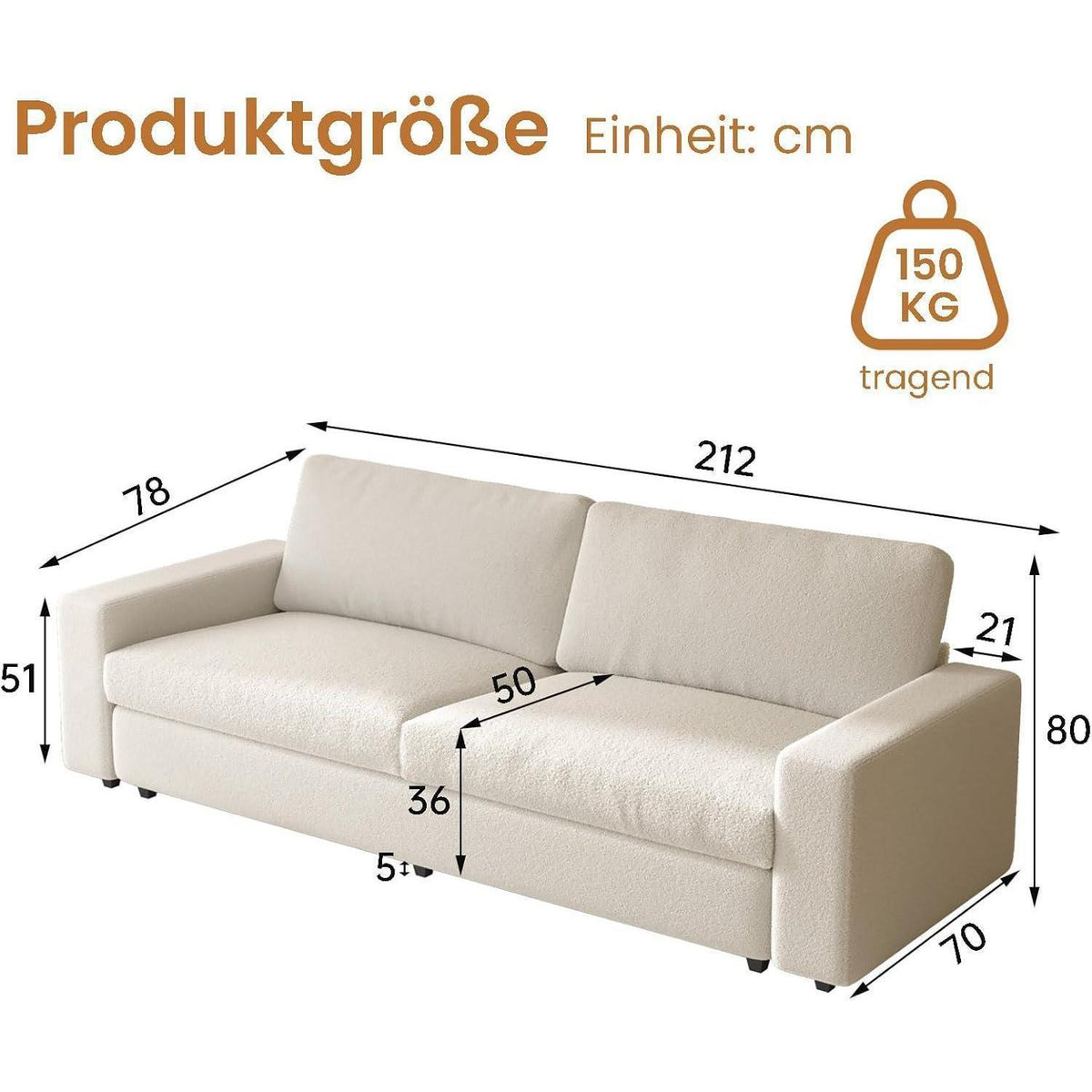 Gemütliches 3-Sitzer Stoffsofa – 212 cm, modernes Wohnzimmer Möbel