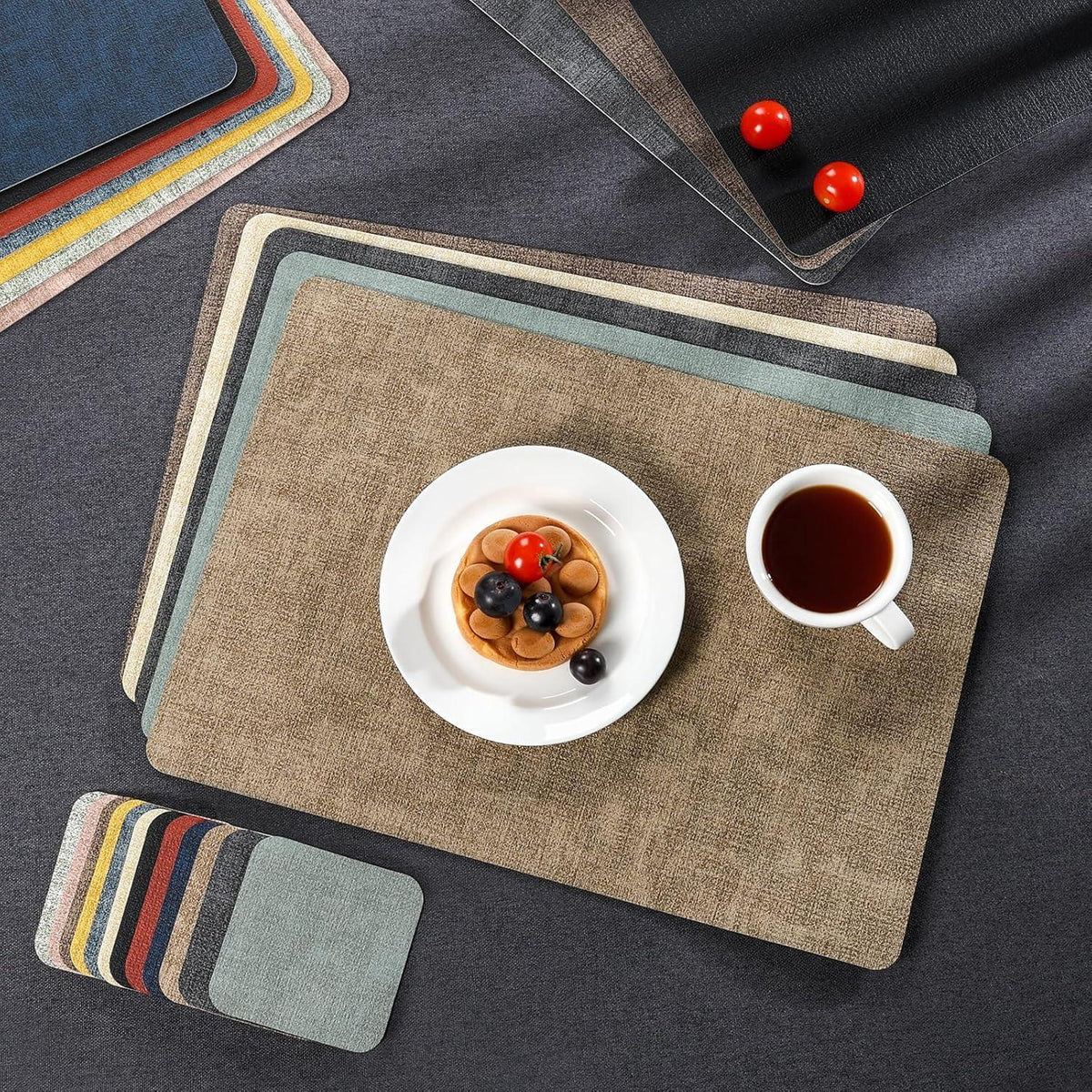 Abwaschbare Tischsets & Untersetzer in Lederoptik, 4er Set Grau Salbeigrün