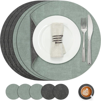 Platzsets Rund 36cm 6er Set Abwaschbar Grau Salbeigrün in Lederoptik