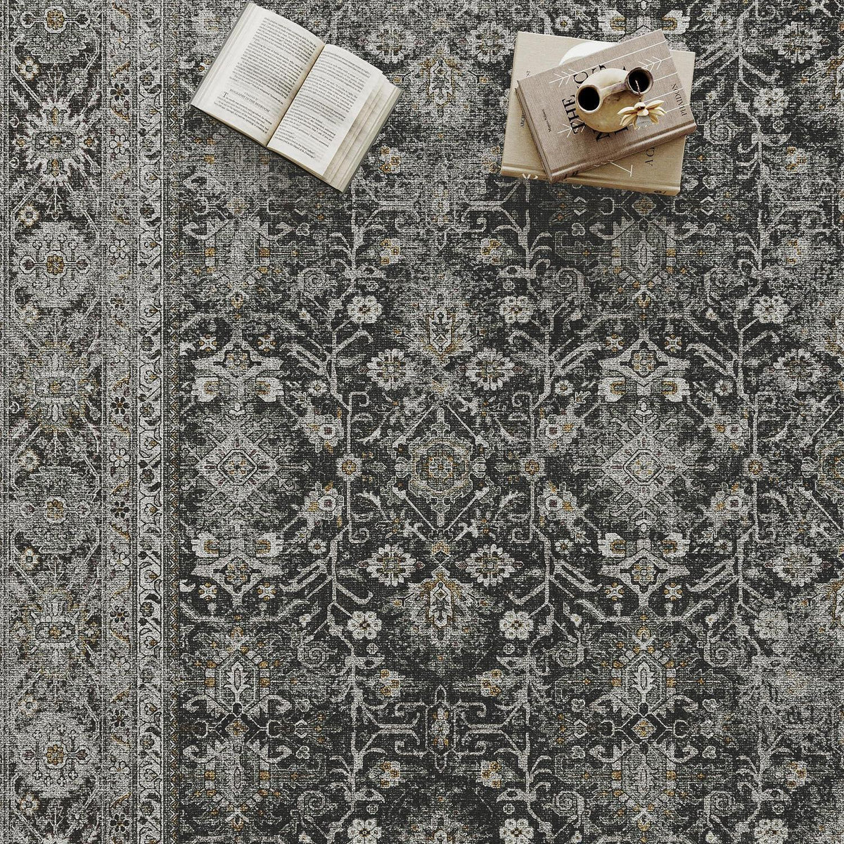 Vintage Teppich Schwarz 300x400cm – Waschbarer Wohnzimmerteppich