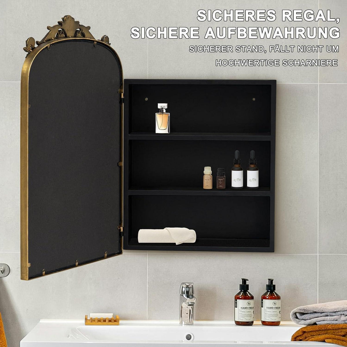40x60cm Spiegelschrank Bad mit Stauraum & Resin-Blumen, Antik Gold