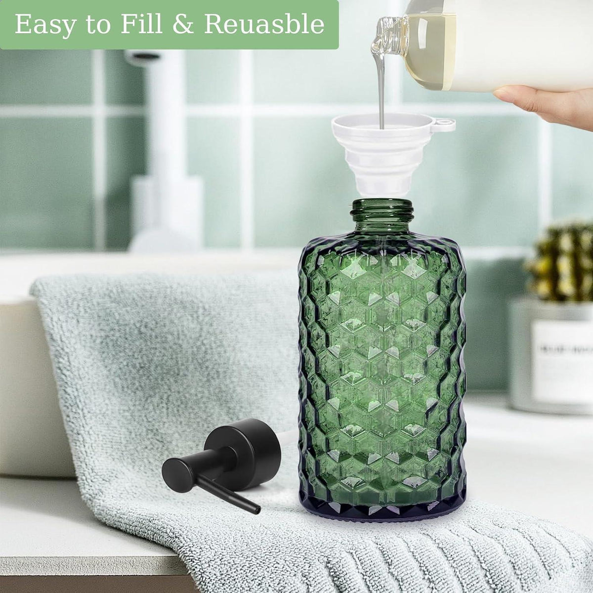 Glas Seifenspender 500ml Wabendesign – Grün mit Trichter