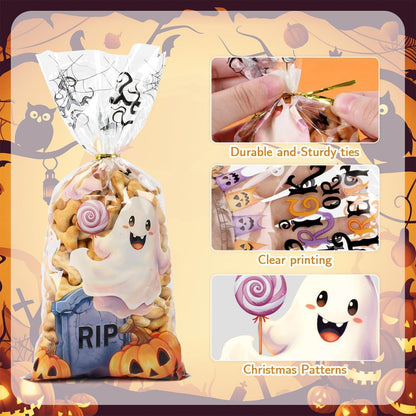 Halloween Cellophantüten 120er Set mit Bindebändern